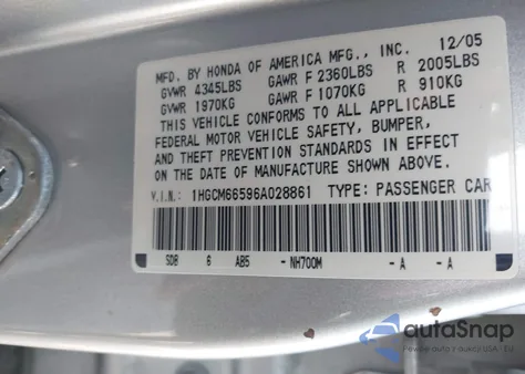 2006 Honda Accord 3.0 Ex z USA, uszkodzony, nr VIN 1HGCM66596A028861